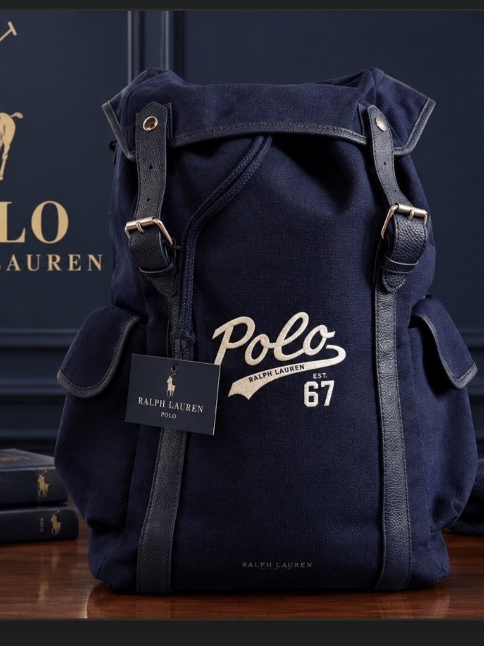 Ralph Lauren Navy Canvas Polo Backpack with Leather Trim
